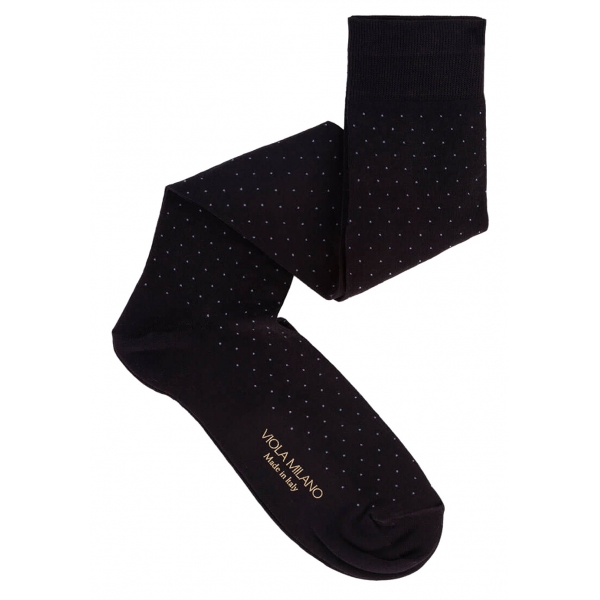 Viola Milano - Dot Over-The-Calf Cotton/Silk Socks - Black/Grey - Handmade in Italy - Luxury Exclusive Collection