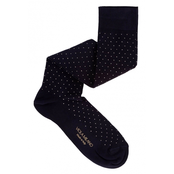 Viola Milano - Dot Over-The-Calf Cotton/Silk Socks - Navy/White - Handmade in Italy - Luxury Exclusive Collection
