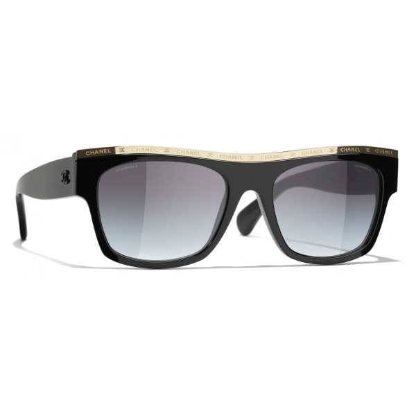 Chanel - Occhiali da Sole Quadrati - Nero Oro Grigio Sfumate - Chanel Eyewear