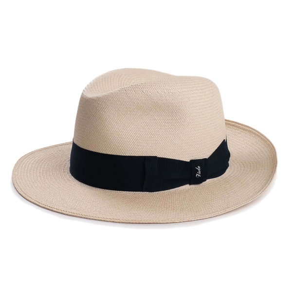 Viola Milano - Natural Panama Hat Italia with Contrasting Gross Grain - Navy - Handmade in Italy - Luxury Exclusive Collection
