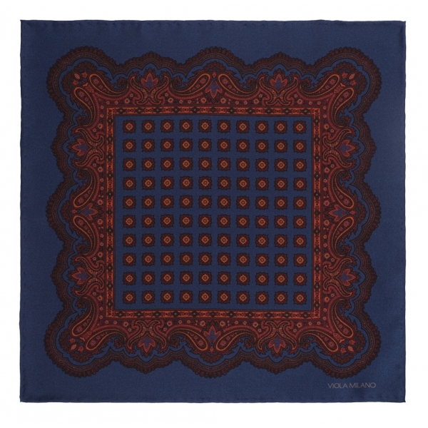 Viola Milano - Rosette Archive Printed Silk Pocket Square - Navy - Handmade in Italy - Luxury Exclusive Collection