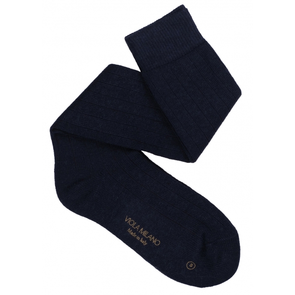Viola Milano - Solid 100% Cashmere Over-The-Calf Socks - Navy - Handmade in Italy - Luxury Exclusive Collection