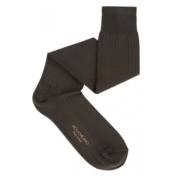 Viola Milano - Solid Over-The-Calf Cotton/Silk Socks - Army Green - Handmade in Italy - Luxury Exclusive Collection