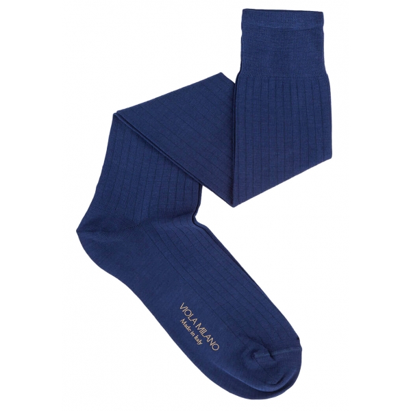 Viola Milano - Solid Over-The-Calf Cotton/Silk Socks - Blue - Handmade in Italy - Luxury Exclusive Collection
