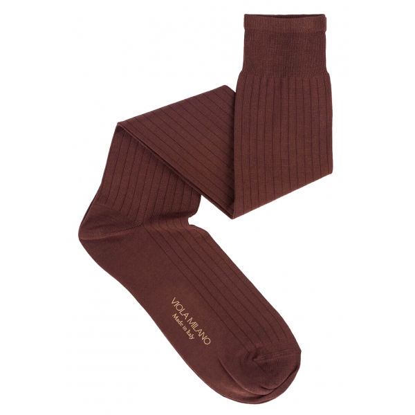 Viola Milano - Solid Over-The-Calf Cotton/Silk Socks - Cola - Handmade in Italy - Luxury Exclusive Collection