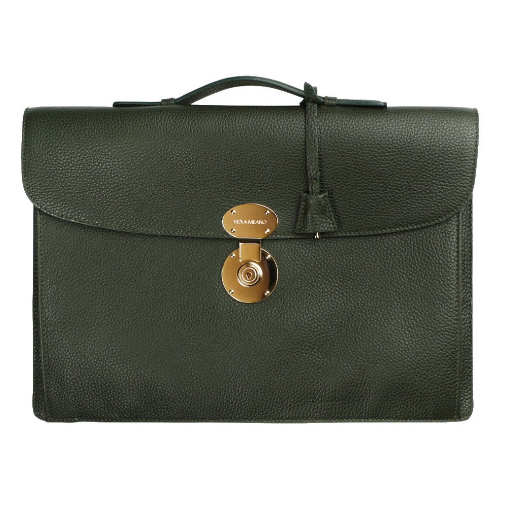 Viola Milano - The Light City Gold Lock Briefcase - Loden Green - Handmade  in Italy - Luxury Exclusive Collection - Avvenice