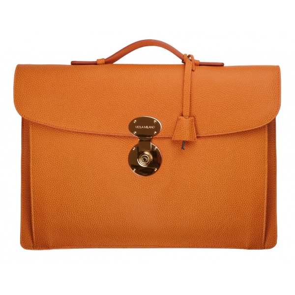 Viola Milano - The Light City Gold Lock Briefcase - Orange - Handmade in Italy - Luxury Exclusive Collection