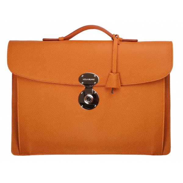 Viola Milano - The Light City Silver Lock Briefcase - Orange - Handmade in Italy - Luxury Exclusive Collection