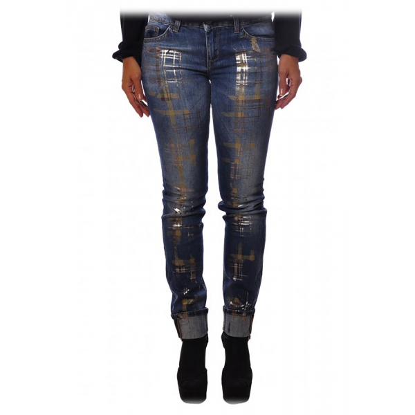 Liu Jo - Jeans with Silver Patent Leather Details - Blue - Trousers - Made in Italy - Luxury Exclusive Collection