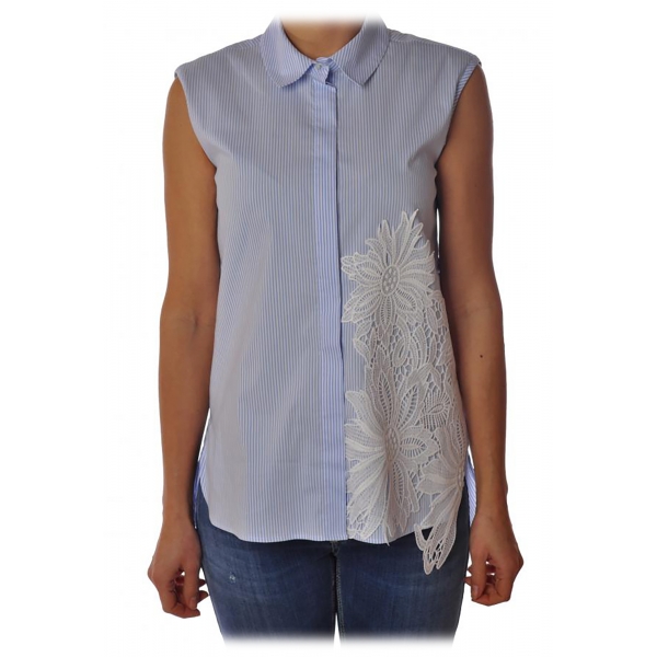 Liu Jo - Striped Top with Lace Detail - Light Blue - Made in Italy - Luxury Exclusive Collection