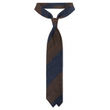 Viola Milano - Block Stripe Woven Grenadine/Shantung Tie - Navy/Brown - Handmade in Italy - Luxury Exclusive Collection