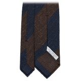 Viola Milano - Block Stripe Woven Grenadine/Shantung Tie - Navy/Brown - Handmade in Italy - Luxury Exclusive Collection
