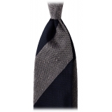 Viola Milano - Block Stripe Handrolled Woven GrenadineShantung Tie - Navy/Grey - Handmade in Italy - Luxury Exclusive Collection