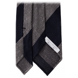 Viola Milano - Block Stripe Handrolled Woven GrenadineShantung Tie - Navy/Grey - Handmade in Italy - Luxury Exclusive Collection