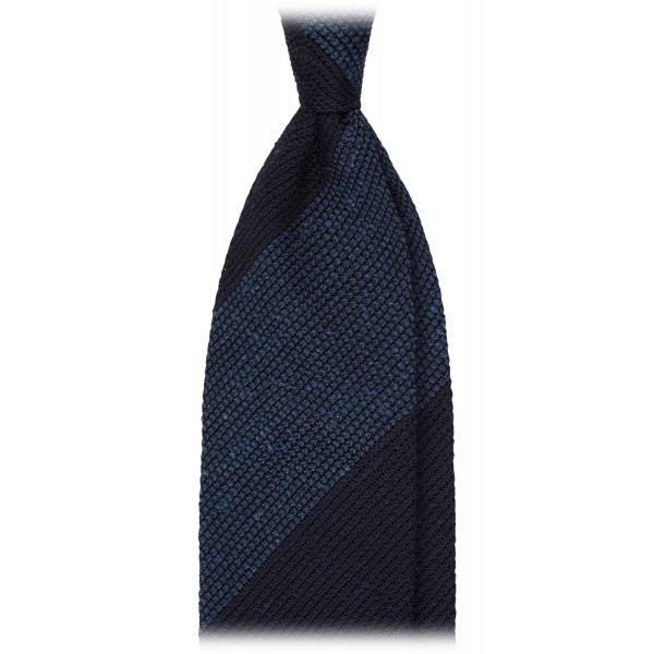 Viola Milano - Block Stripe Woven Grenadine/Shantung Tie - Navy/Sea - Handmade in Italy - Luxury Exclusive Collection