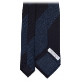 Viola Milano - Block Stripe Woven Grenadine/Shantung Tie - Navy/Sea - Handmade in Italy - Luxury Exclusive Collection