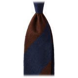 Viola Milano - Block Stripe Handrolled Woven Shantung Tie - Navy/Brown - Handmade in Italy - Luxury Exclusive Collection