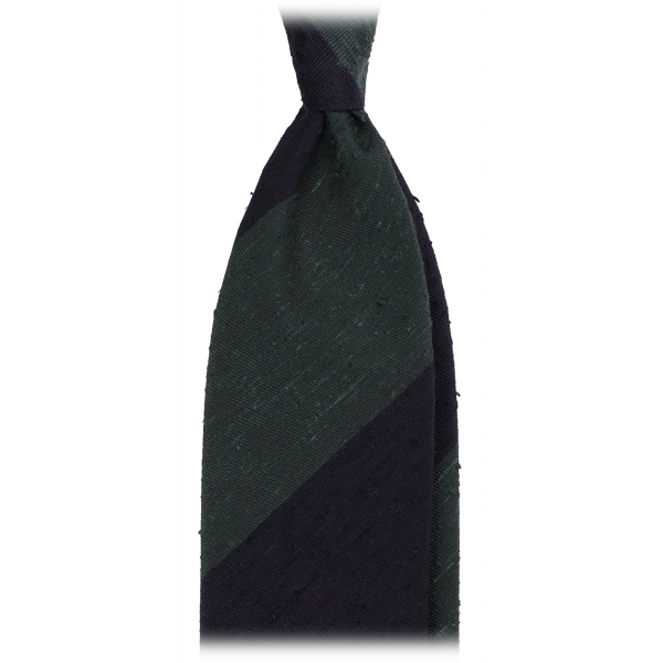 Viola Milano - Block Stripe Handrolled Woven Shantung Tie - Navy/Forest - Handmade in Italy - Luxury Exclusive Collection