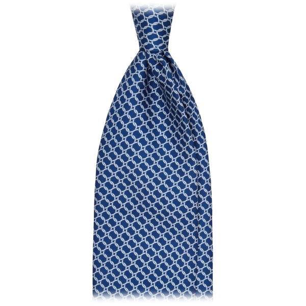 Viola Milano - Chain Circle Handprinted Selftipped Silk Tie - Navy/White - Handmade in Italy - Luxury Exclusive Collection