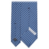 Viola Milano - Chain Circle Handprinted Selftipped Silk Tie - Navy/White - Handmade in Italy - Luxury Exclusive Collection