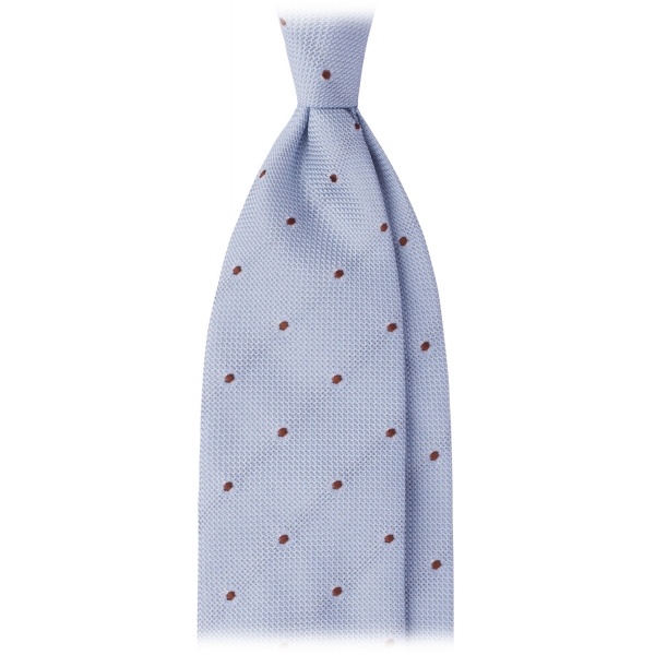 Viola Milano - Classic Polka Dot 3-Fold Grenadine Tie - Light Blue/Brown - Handmade in Italy - Luxury Exclusive Collection