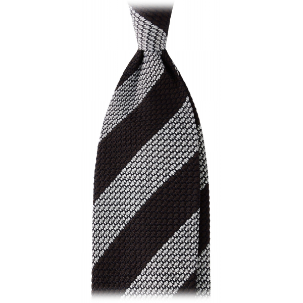 Viola Milano - Classic Stripe 3-Fold Grenadine Tie - Brown/White - Handmade in Italy - Luxury Exclusive Collection
