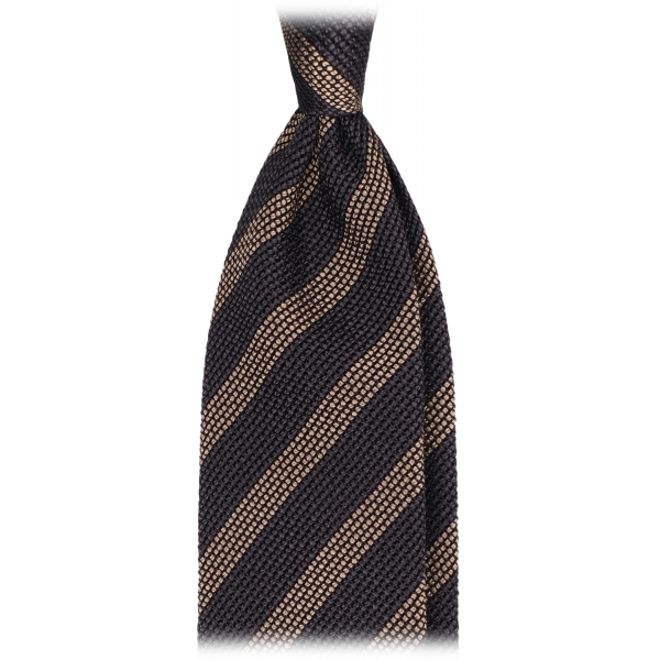 Viola Milano - Classic Stripe 3-Fold Grenadine Tie - Charcoal Navy/Taupe - Handmade in Italy - Luxury Exclusive Collection