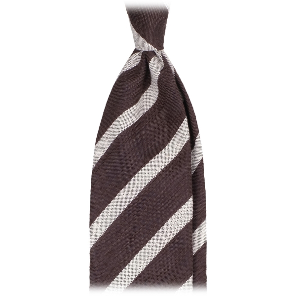 Viola Milano - Classic Stripe Handrolled Woven Shantung Tie - Brown/White - Handmade in Italy - Luxury Exclusive Collection