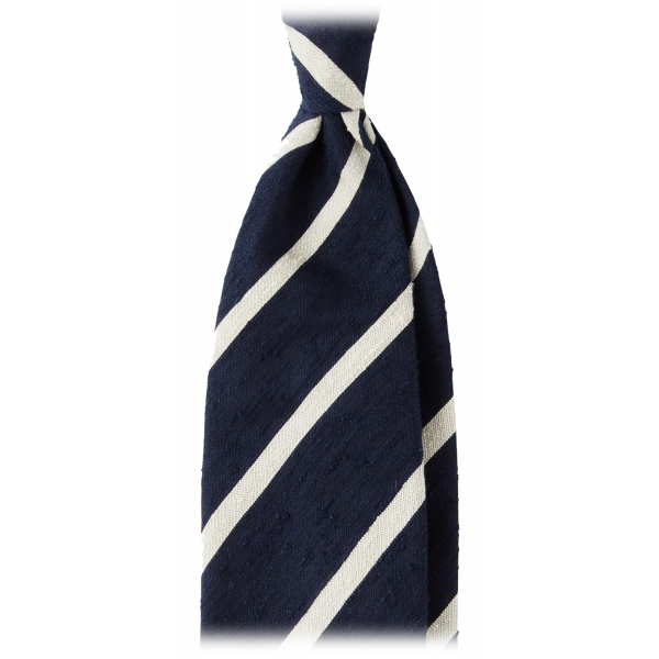 Viola Milano - Classic Stripe Handrolled Woven Shantung Tie - Navy/White - Handmade in Italy - Luxury Exclusive Collection