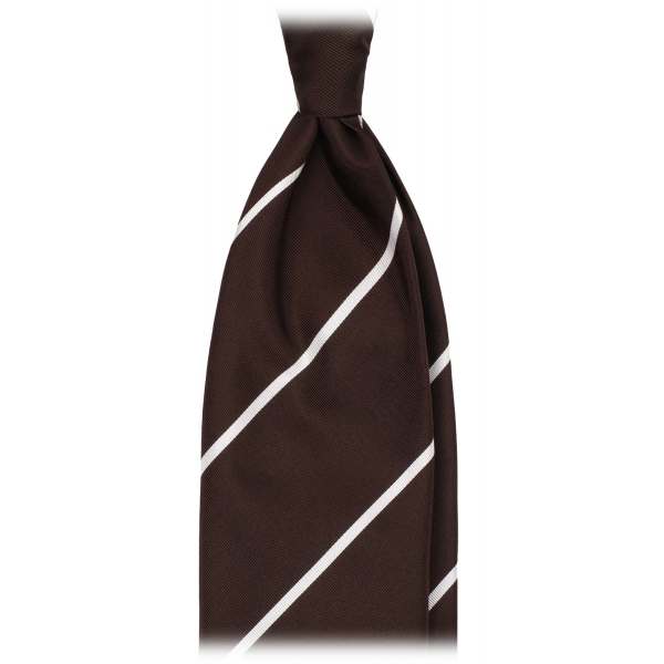 Viola Milano - Classic Stripe Selftipped Woven Silk Jacquard Tie - Brown/White - Handmade in Italy - Luxury Exclusive Collection
