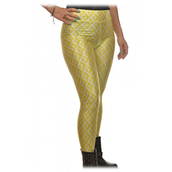 Elisabetta Franchi - Leggings with Logato Pattern - White/Yellow - Trousers - Made in Italy - Luxury Exclusive Collection