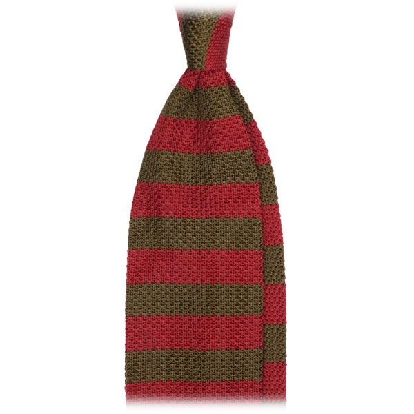 Viola Milano - Knitted Classic Stripe Silk Tie - Olive/Red - Handmade in Italy - Luxury Exclusive Collection