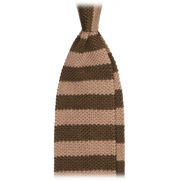 Viola Milano - Knitted Classic Stripe Silk Tie - Olive/Sand - Handmade in Italy - Luxury Exclusive Collection