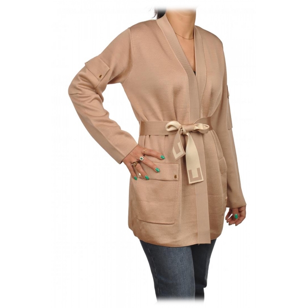 Elisabetta Franchi - Cardigan with Belt and Embroidered Logo - Beige - Pullover - Made in Italy - Luxury Exclusive Collection