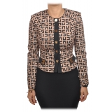 Elisabetta Franchi - Collarless Jacket in Logo Pattern - Black/Beige - Jacket - Made in Italy - Luxury Exclusive Collection