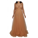Elisabetta Franchi - Long Tulle Dress with Pleated Skirt - Beige - Dress - Made in Italy - Luxury Exclusive Collection