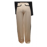 Elisabetta Franchi - Wide Leg Trousers with Side Band - Cream - Trousers - Made in Italy - Luxury Exclusive Collection