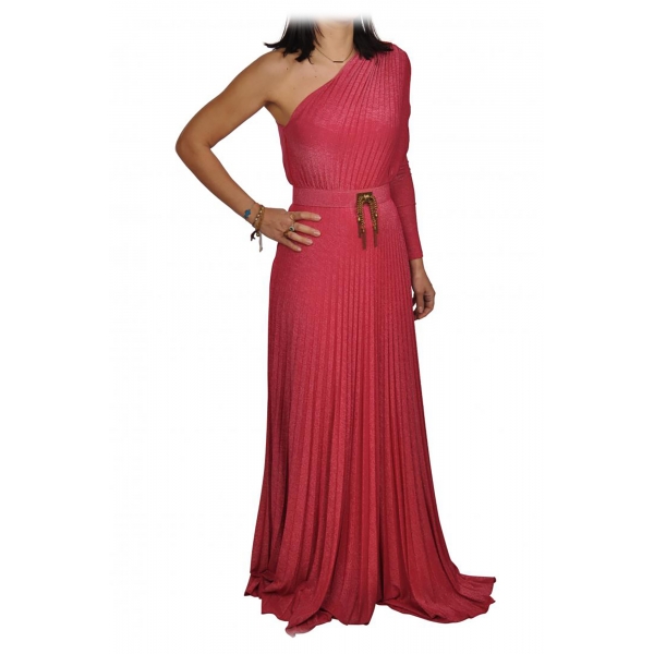 Elisabetta Franchi - One-Shoulder Long Dress with Long Sleeve - Fuxia - Dress - Made in Italy - Luxury Exclusive Collection