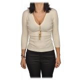 Elisabetta Franchi - Rib Knit Sweater with Gold Chain - Cream - Pullover - Made in Italy - Luxury Exclusive Collection