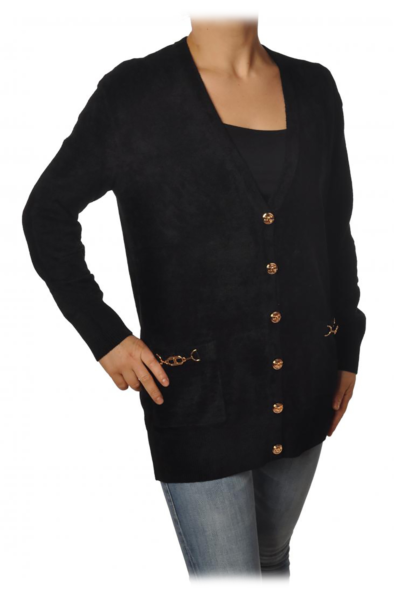 Elisabetta Franchi - Cardigan in Tessuto di Ciniglia - Nero - Maglione -  Made in Italy - Luxury Exclusive Collection - Avvenice