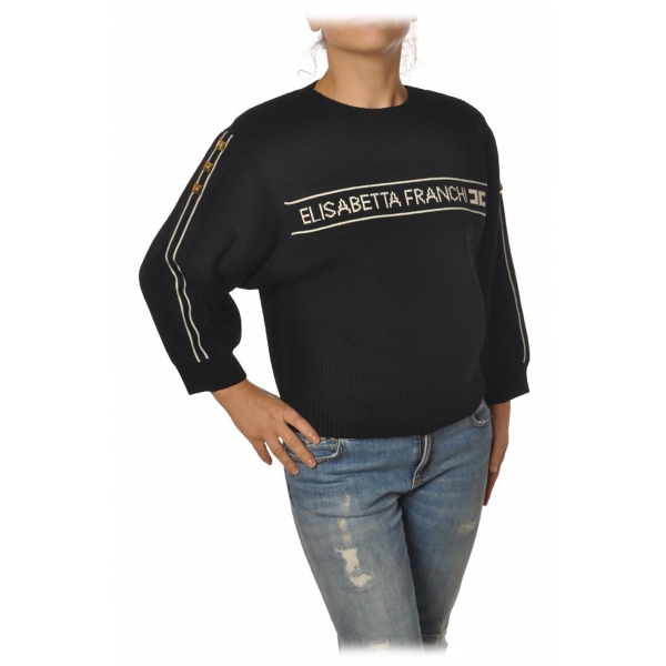 Elisabetta Franchi - Sweater with Contrasting Logo - Black - Pullover - Made in Italy - Luxury Exclusive Collection