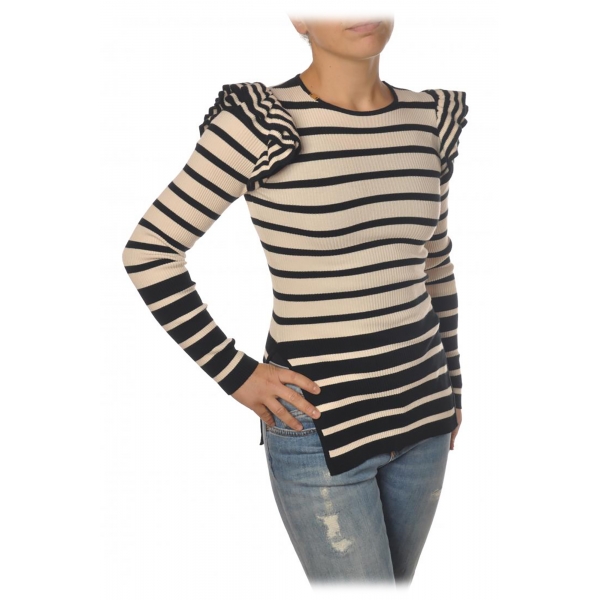 Elisabetta Franchi - Striped Sweater with Ruffles - Black/Cream - Pullover - Made in Italy - Luxury Exclusive Collection