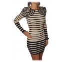Elisabetta Franchi - Striped Dress with Flower Detail - Black/Cream - Dress - Made in Italy - Luxury Exclusive Collection