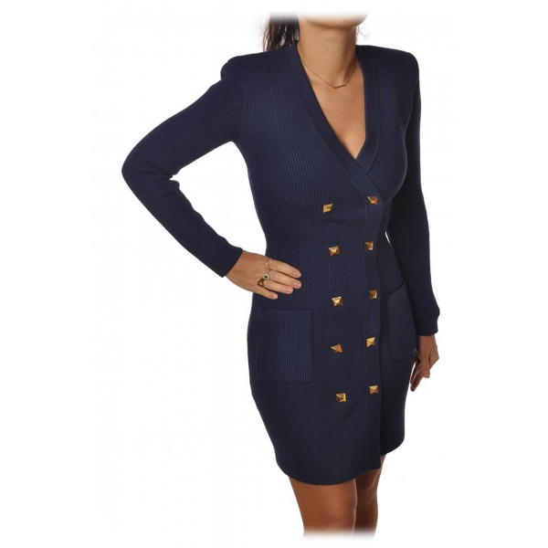 Elisabetta Franchi - Double-Breasted Dress with Jewel Buttons - Blue - Dress - Made in Italy - Luxury Exclusive Collection