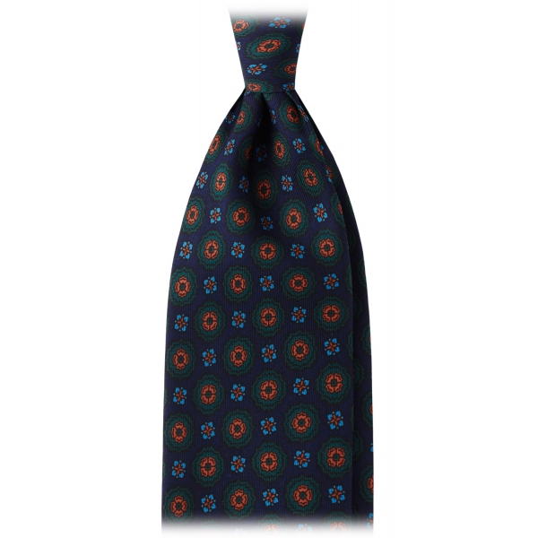 Viola Milano - Mix Flower Handprinted Ancient Madder Silk Tie - Navy - Handmade in Italy - Luxury Exclusive Collection