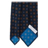 Viola Milano - Mix Flower Handprinted Ancient Madder Silk Tie - Navy - Handmade in Italy - Luxury Exclusive Collection