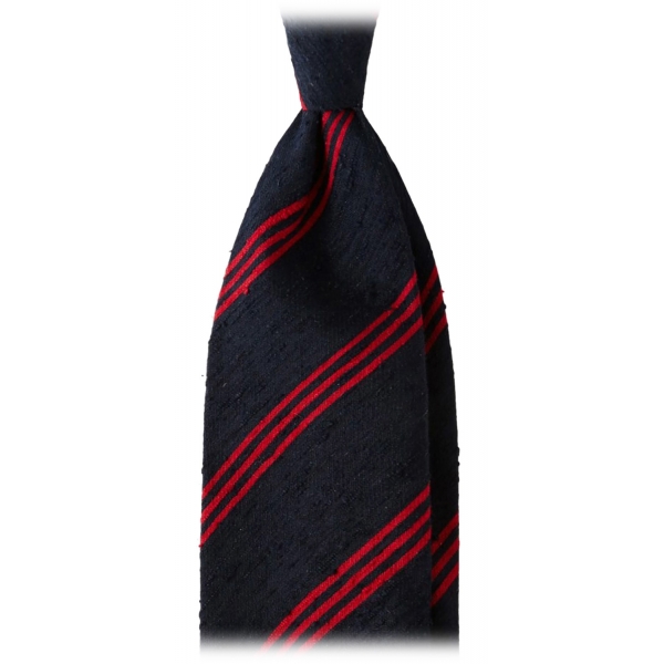 Viola Milano - Multi Stripe Handrolled Woven Shantung Tie - Navy/Red - Handmade in Italy - Luxury Exclusive Collection