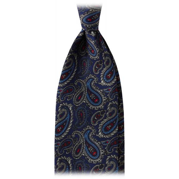 Viola Milano - Cravatta in Seta Senza Punta 3 Pieghe con Motivo Paisley - Navy - Handmade in Italy - Luxury Exclusive Collection