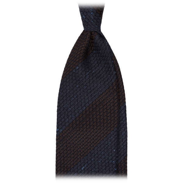 Viola Milano - Raw Block Stripe 3-Fold Grenadine Tie - Denim/Brown - Handmade in Italy - Luxury Exclusive Collection