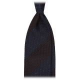 Viola Milano - Raw Block Stripe 3-Fold Grenadine Tie - Denim/Brown - Handmade in Italy - Luxury Exclusive Collection